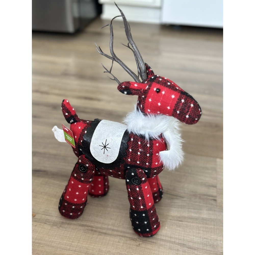 Christmas Reindeer Plush Figurine Red Plaid Holiday Decor White Fur Antlers